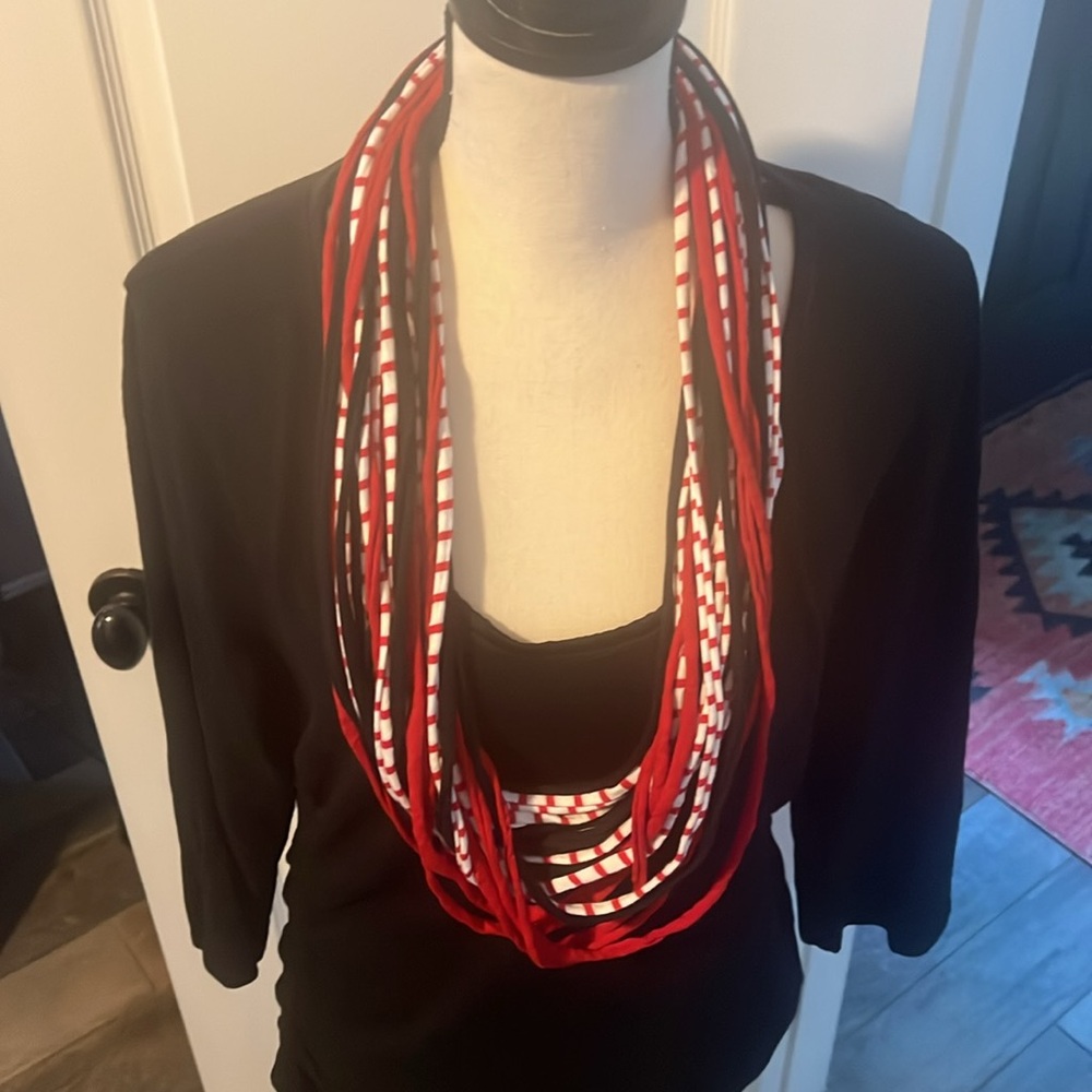 Game day scarf necklace, red, black and white
